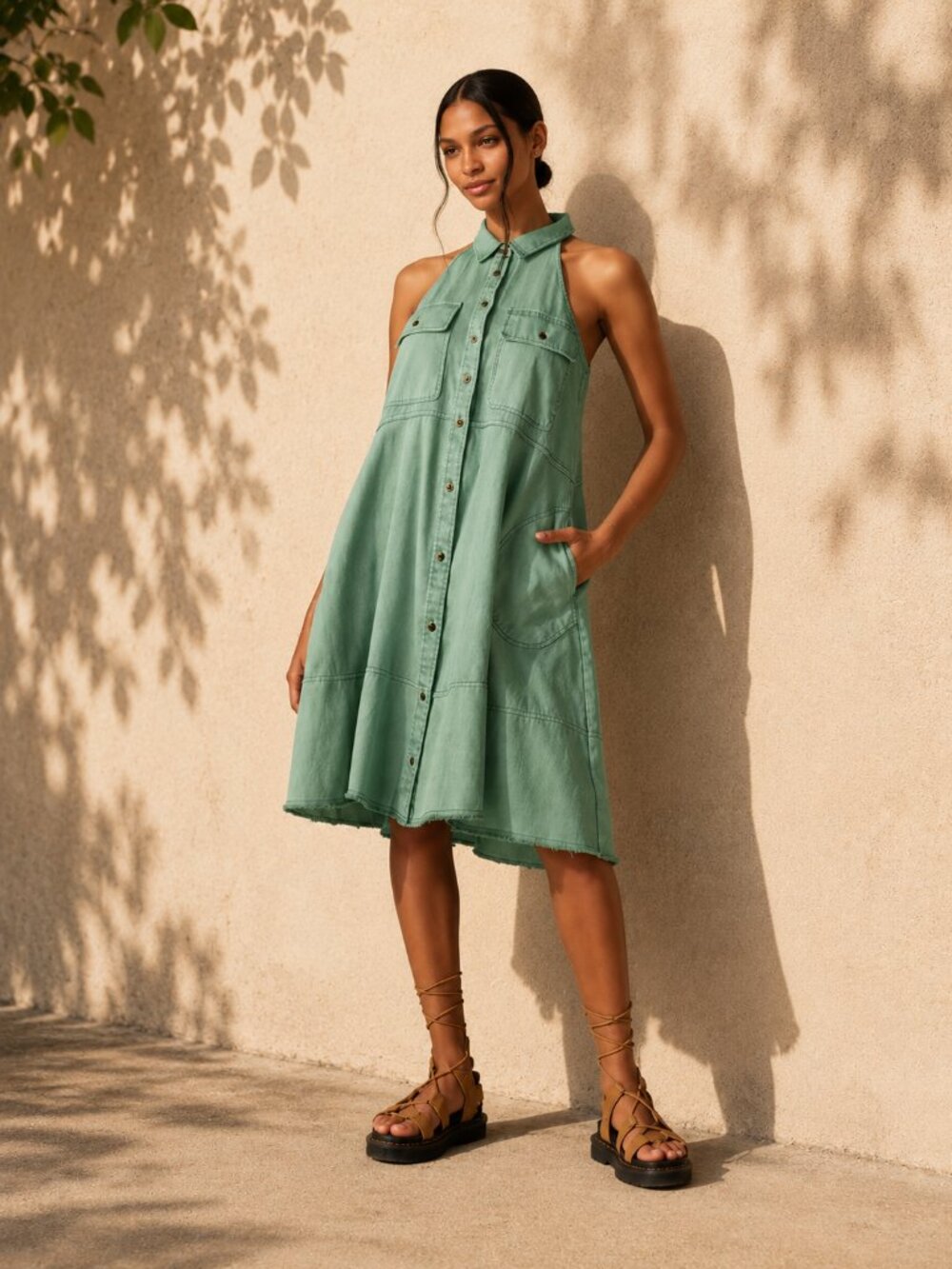 Anthropologie Pilcro Sleeveless Halter Swing Green Denim Midi Dress Sz M